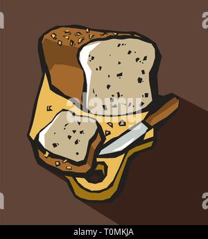 Bread loaf and knife on cutting Board Stock Vector