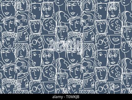 Seamless pattern, faces of girls on a white background. Doodle