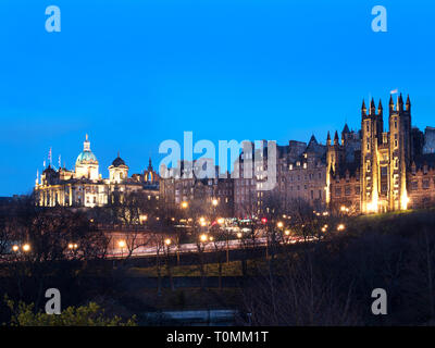 Floodlit buildings in the Old Town from Princes Street Gardens at dusk Edinburgh Scotland Stock Photo
