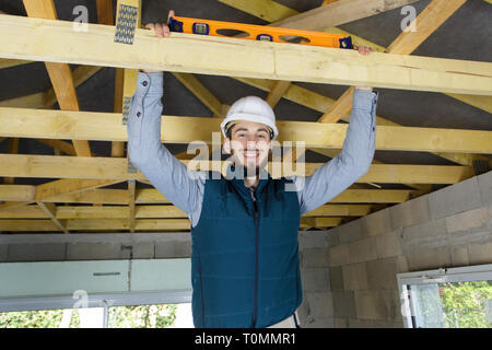 happy male construction worker adjusting ceiling Stock Photo