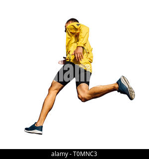 male runner in yellow jacket running isolated on white background Stock Photo