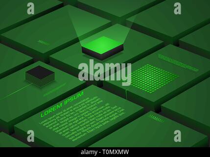 Abstract block background with artificial intelligence, robotic quantum computing processor in green color. Used for business technology and engineeri Stock Vector