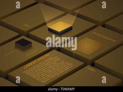 Abstract block background with artificial intelligence, robotic quantum computing processor in gold color. Used for business technology and engineerin Stock Vector