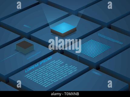 Abstract block background with artificial intelligence, robotic quantum computing processor in blue color. Used for business technology and engineerin Stock Vector