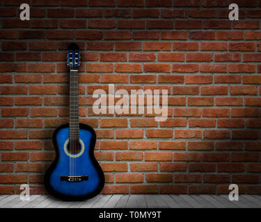 acoustic guitar brick background wall shadow Stock Photo