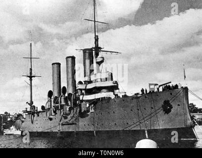transport / transportation, navigation, warship, Russian protected cruiser Aurora, in the harbour of Saint Petersburg, Russia, circa 1918, Russian navy, man-of-war, Pallada-Class, Pallada class, ironclad, ironclads, armoured ships, ships, ship, steamship, steamships, October revolution 1917, military, armed forces, naval forces, navy, 1910s, 10s, 20th century, people, transport, transportation, warship, warships, cruiser, cruisers, harbour, harbor, harbours, harbors, port, ports, historic, historical, Additional-Rights-Clearance-Info-Not-Available Stock Photo