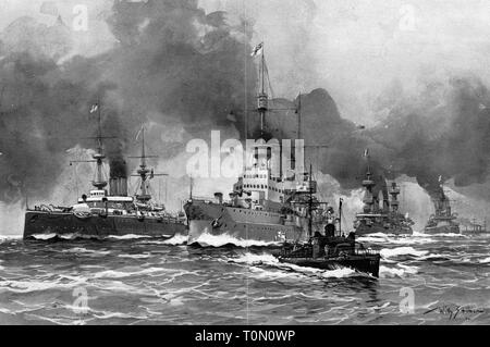 transport / transportation, navigation, warships, from left: British battleship HMS Majestic, German ship of the line Kaiser Wilhelm II., German torpedo boat, French armoured cruiser Latouche-Treville, by watercolour from Willy Stoewer, circa 1898, Additional-Rights-Clearance-Info-Not-Available Stock Photo