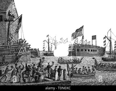transport / transportation, navigation, warship, floating battery USS Demologos (later USS Fulton I), built by Robert Fulton, launching, dockyard of Adam and Noah Brown, East River, New York City, 29.10.1814, wood engraving after contemporary illustration, US Navy, United State Navy, USA, United States of America, War of 1812, British-American war, British - American war, man-of-war, steamship, steamships, Lower East Side, Manhattan, shipbuilding, ship building industry, industry, industries, casemate, military, armed forces, naval forces, navy, , Additional-Rights-Clearance-Info-Not-Available Stock Photo