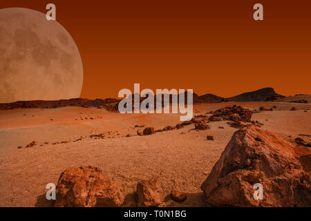 Red planet with arid landscape, rocky hills and mountains, and a giant Mars-like moon at the horizon, for space exploration and science fiction backgr Stock Photo