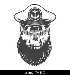 Bearded skull in sea captain hat. Vector illustration. Stock Vector