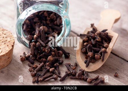 close up of clove spices in a glass jar and wooden scoop blurred background to ad copy space Stock Photo