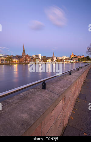 An Inverness view; looking along the River Ness towards Inverness Castle at night. Stock Photo