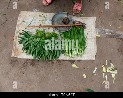 Vendor sells a small selection of fruit and vegetables in the food market of Jianshui, Honghe prefecture, Yunnan province, China. Stock Photo