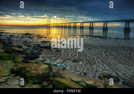 Great Britain, Wales. Severn Bridge and estuary at dawn looking from Wales towards England.