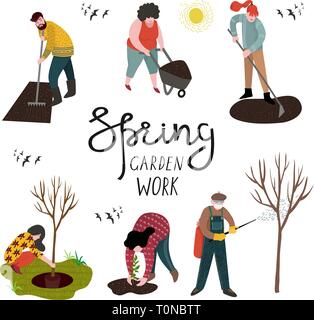 Set of isolated people working in the garden over planting, developing the land and treating trees from pests. Vector Stock Vector