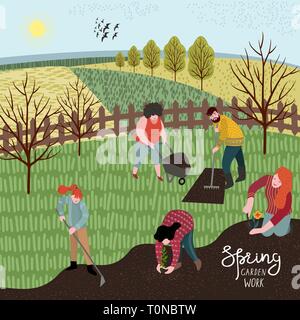 People cultivate the land with a rake and hoe for planting.Vector illustration in cute flat style Stock Vector