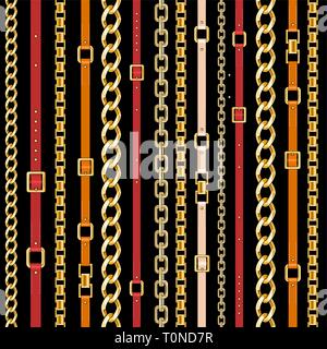 Abctract seamless pattern with belts and chain on bright background for fabric. Trendy repeating print. Stock Vector