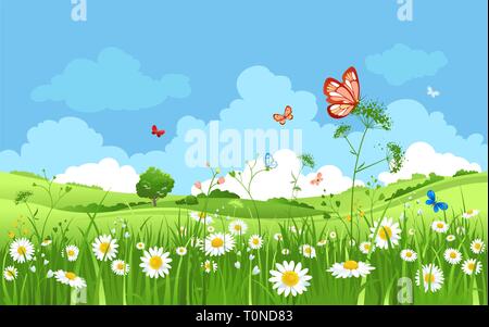 Summer or spring landscape for design banner, ticket, leaflet, card, poster and so on. Green grass, blue sky and flowers scenery. Stock Vector