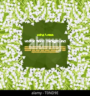 Lily of the valley border, frame, spring bouquet of delicate flower, vector illustration. White buds forest flowers bluebells and leaves on green text Stock Vector