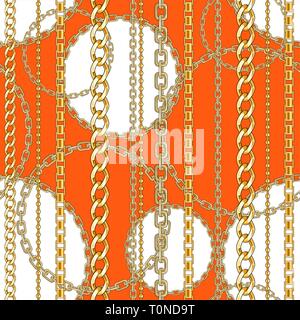 Abctract round seamless pattern with golg chain on bright background for fabric. Trendy repeating print. Stock Vector