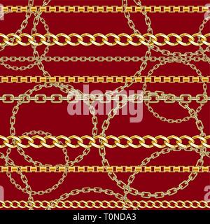 Red seamless pattern with gold chain on white background for fabric. Trendy repeating print. Stock Vector
