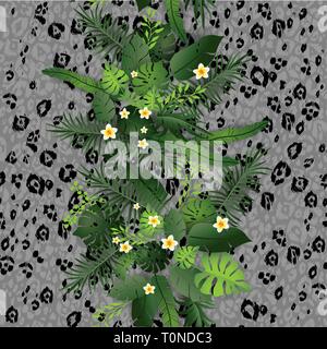 Seamless Pattern Exotic Floral Background. Tropical Flowers and Leaves on Animal Skin Backdrop. Greenery and Leopard print Seamless Design Stock Vector