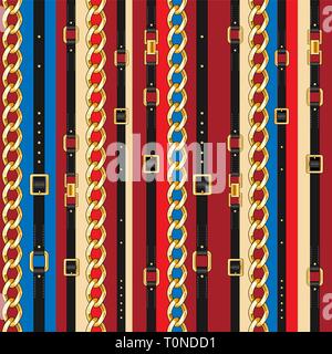 Abctract seamless pattern with belts and chain on striped for fabric. Trendy repeating print. Stock Vector