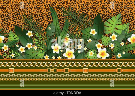 Seamless Pattern Exotic Floral Background. Tropical Flowers and Leaves on Orange Leopard Backdrop. Greenery print Seamless Design Stock Vector