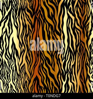 Luxury glossy tiger skin, golden stripes on black, detailed seamless pattern Stock Vector