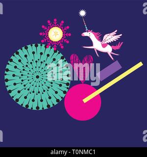 Abstract color illustration with funny unicorn on blue background Stock Vector