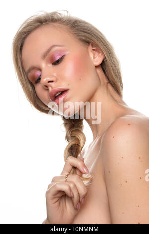 Beauty portrait of blonde female face with natural clean skin Stock Photo