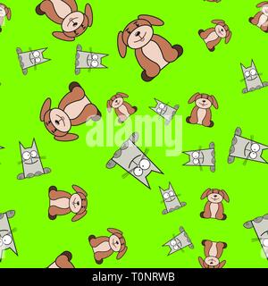 Seamless pattern of cats and dogs in in cartoon style. On color background, vector illustration. Stock Vector