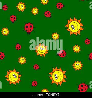 Seamless pattern of ladybugs and suns in in cartoon style. On color background, vector illustration. Stock Vector