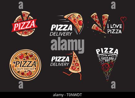 Logo of a sketched pizza. Vector illustration on black background Stock Vector