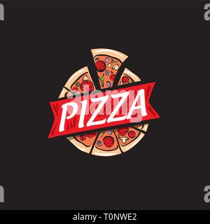 Logo of a sketched pizza. Vector illustration on black background Stock Vector