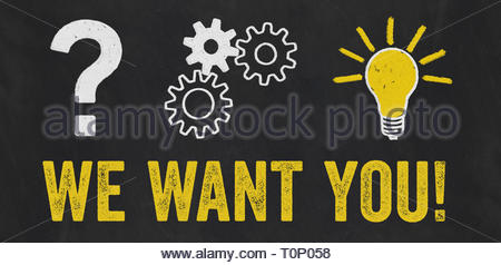 Question Mark, Gears, Light Bulb Concept - We want you Stock Photo