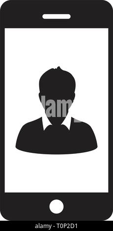 Cell phone user icon vector male person profile avatar with mobile symbol for communication in glyph pictogram illustration Stock Vector