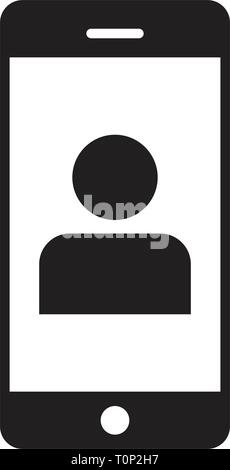 Application icon vector male person profile avatar with mobile symbol for communication in glyph pictogram illustration Stock Vector