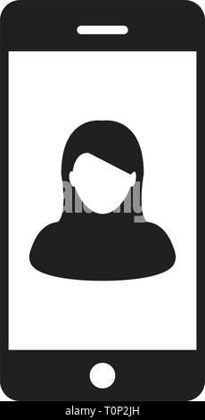 Cell phone user icon vector female person profile avatar with mobile symbol for communication in glyph pictogram illustration Stock Vector