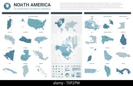 Vector maps set.  High detailed 23 maps of North American countries with administrative division and cities. Political map, map of America continent,  Stock Vector