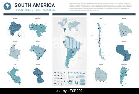 Vector maps set.  High detailed 11 maps of South America countries with administrative division and cities. Political map, map of America  continent,  Stock Vector