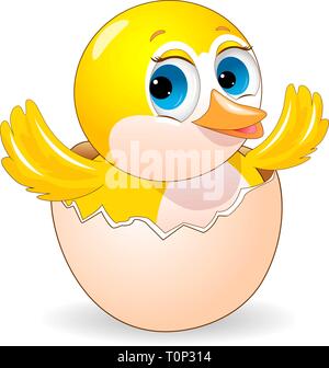 Little yellow chicken on white background. Cartoon chick peeking out of an eggshell. Stock Vector