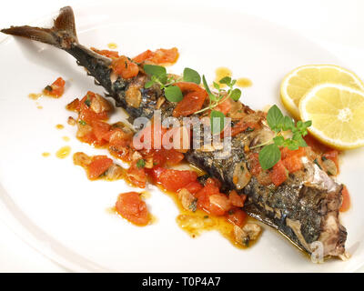 Makerel - Grilled Fish with Tomato Stock Photo