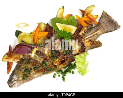 Grilled Fish - Rainbow Trout on white Background Stock Photo