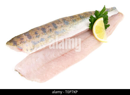 Sander - Pikeperch Fish Fillet on white Background Stock Photo