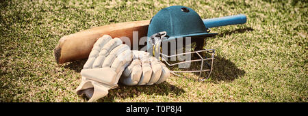 High angle view of cricket equipment on field Stock Photo