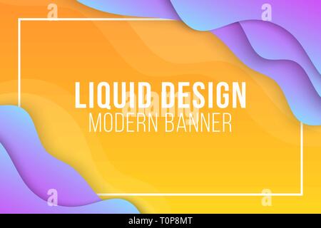 Liquid design. Abstract modern web banner. Multicolor flat geometric shapes on yellow background. Colorful waves. Background for your project. Vector  Stock Vector