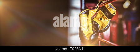 Yellow boxing gloves hanging off the boxing ring Stock Photo