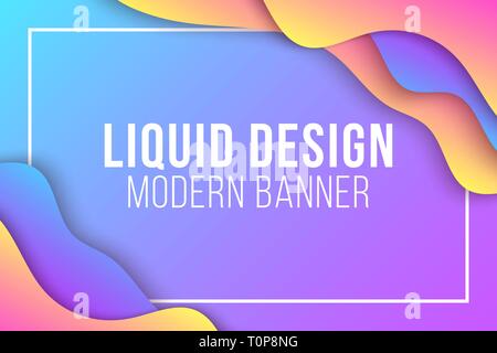 Liquid design banner. Abstract modern cover for web. Multicolor flat geometric shapes on blue purple background. Colorful waves. Background for your p Stock Vector
