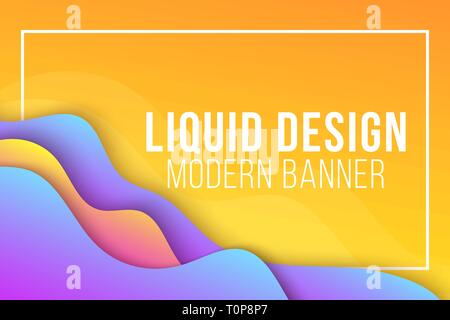 Liquid design. Abstract modern web banner. Multicolor flat geometric shapes on yellow background. Colorful waves. Background for your project. Vector  Stock Vector